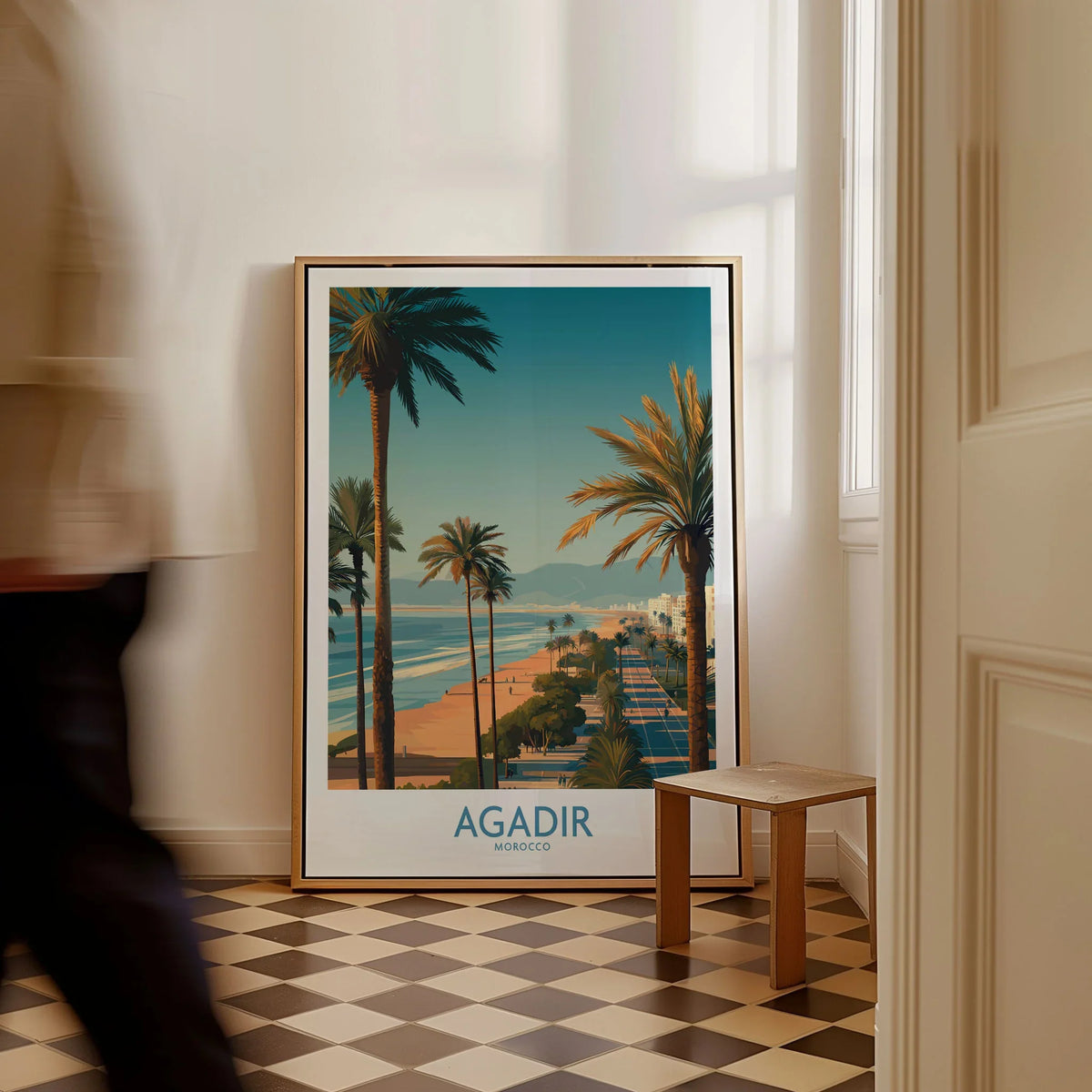 Agadir Morocco Wall Art Canvas as a framed canvas leaning in a hallway with a chequered tiled floor