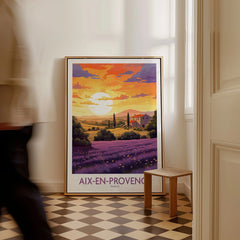 Aix-en-Provence Art Print as a framed canvas leaning in a hallway with a chequered tiled floor