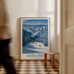 Beaver Creek Colorado Winter Wonderland Wall Art - Group Skiing Landscape as a framed canvas leaning in a hallway with a chequered tiled floor
