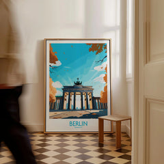 Berlin Wall Art Modern as a framed canvas leaning in a hallway with a chequered tiled floor