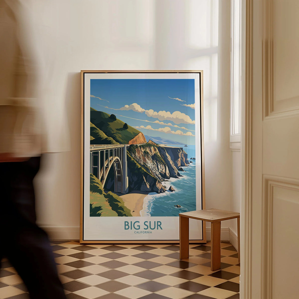 Big Sur Wall Art | Modern Style as a framed canvas leaning in a hallway with a chequered tiled floor