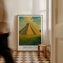 Mexico Mayan Pyramid Chichén Itzá Travel Poster El Castillo Landscape Print Wall Art as a framed canvas leaning in a hallway with a chequered tiled floor
