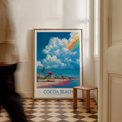 Cocoa Beach Rainbow Cloud Poster - Florida Travel Decor as a framed canvas leaning in a hallway with a chequered tiled floor
