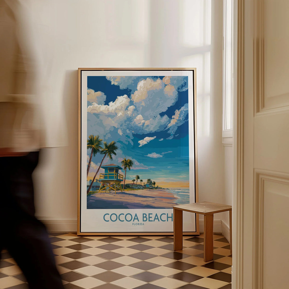 Cocoa Beach Florida Oceanfront Landscape Print - Florida Coast Decor as a framed canvas leaning in a hallway with a chequered tiled floor