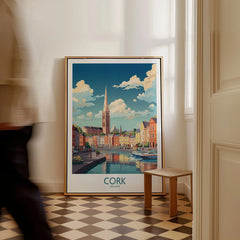 Cork Ireland Poster as a framed canvas leaning in a hallway with a chequered tiled floor