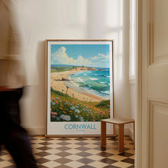Cornwall Wall Art | Modern Style as a framed canvas leaning in a hallway with a chequered tiled floor