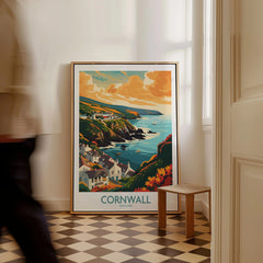 Cornwall Art Print - Modern as a framed canvas leaning in a hallway with a chequered tiled floor