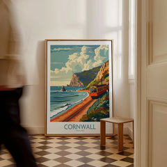Cornwall Coast Wall Art Print as a framed canvas leaning in a hallway with a chequered tiled floor