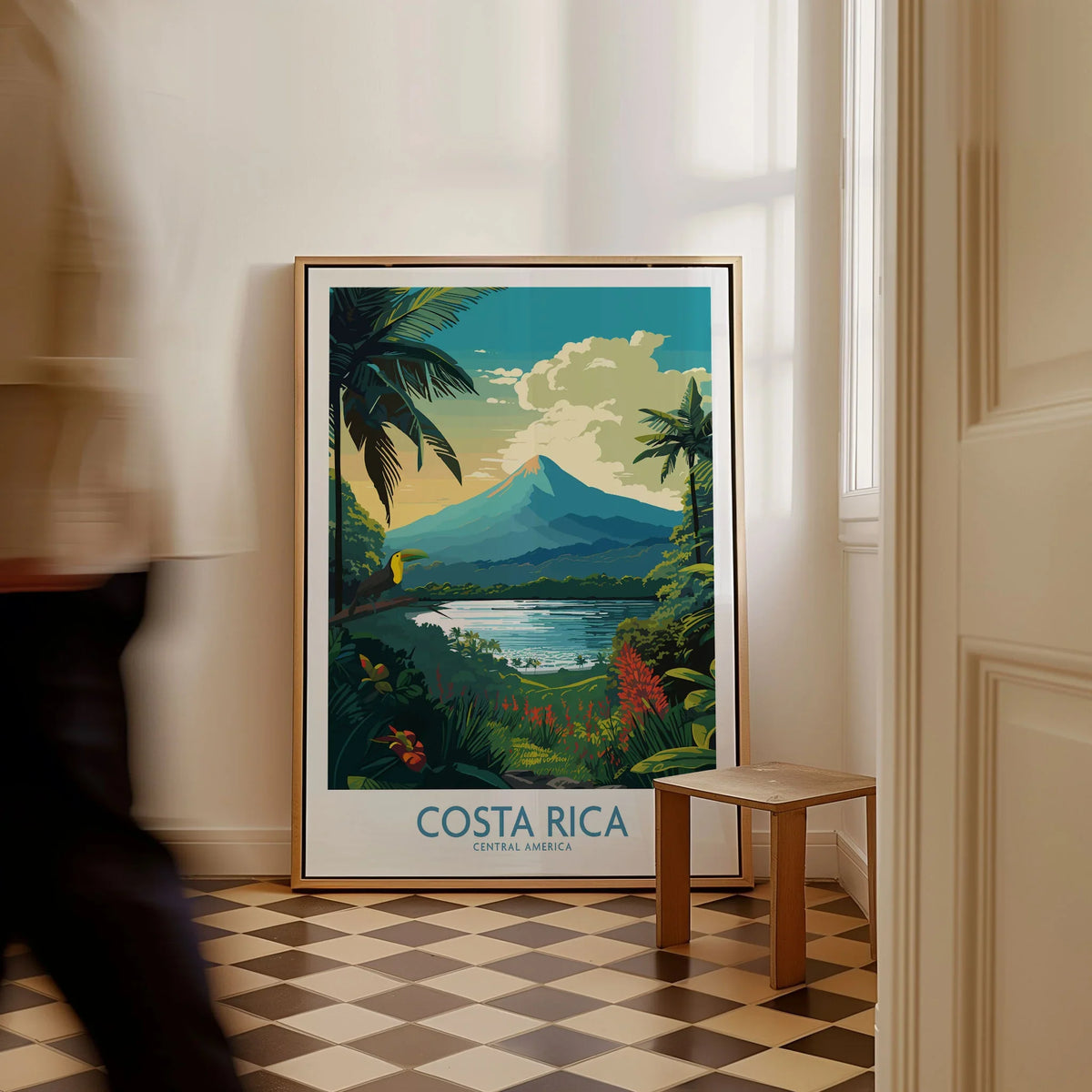 Costa Rica Wall Art | Modern Style as a framed canvas leaning in a hallway with a chequered tiled floor