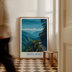 Death Road Bolivia Hiking Trail Art Print | Camino de la Muerte Poster as a framed canvas leaning in a hallway with a chequered tiled floor