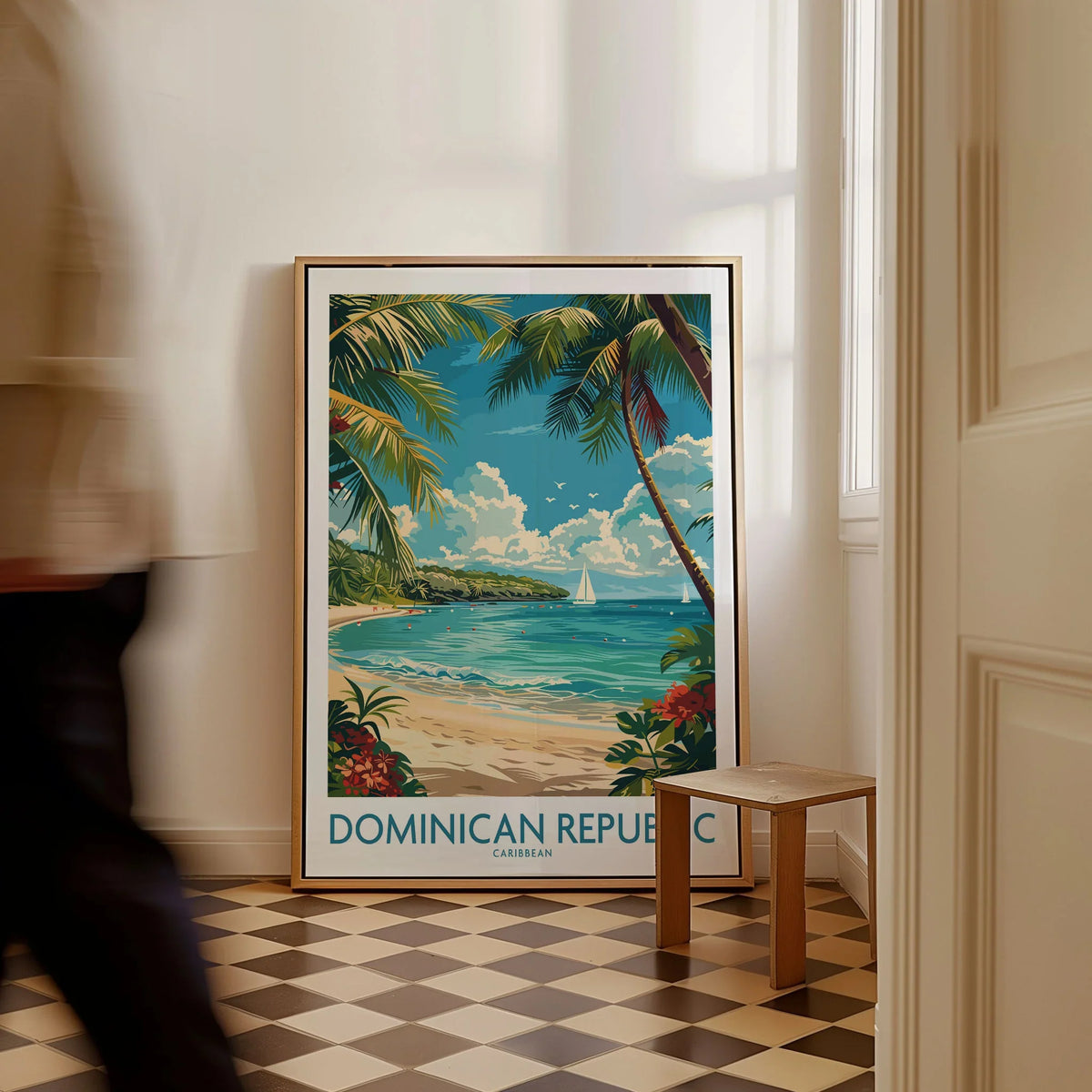Dominican Republic Poster as a framed canvas leaning in a hallway with a chequered tiled floor
