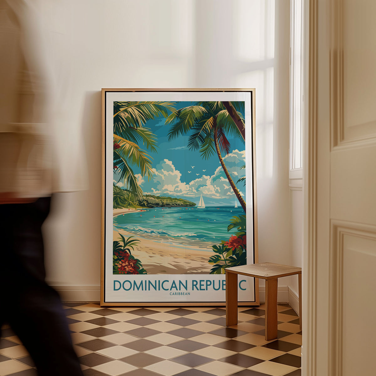Dominican Republic Poster as a framed canvas leaning in a hallway with a chequered tiled floor