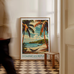 Dominican Republic Print as a framed canvas leaning in a hallway with a chequered tiled floor