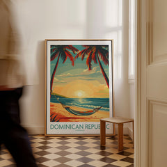 Dominican Republic Wall Art as a framed canvas leaning in a hallway with a chequered tiled floor