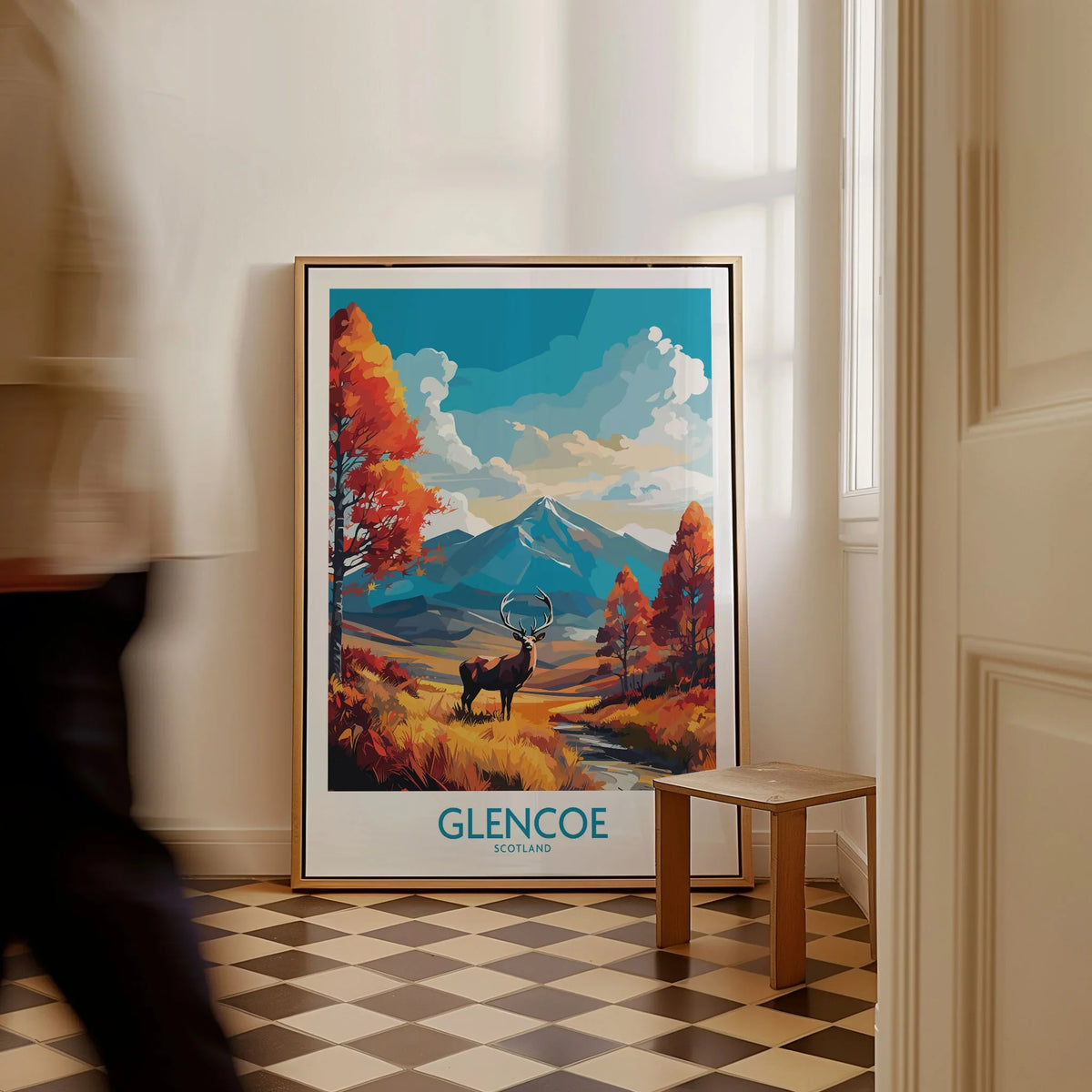Glencoe Art Print Modern as a framed canvas leaning in a hallway with a chequered tiled floor