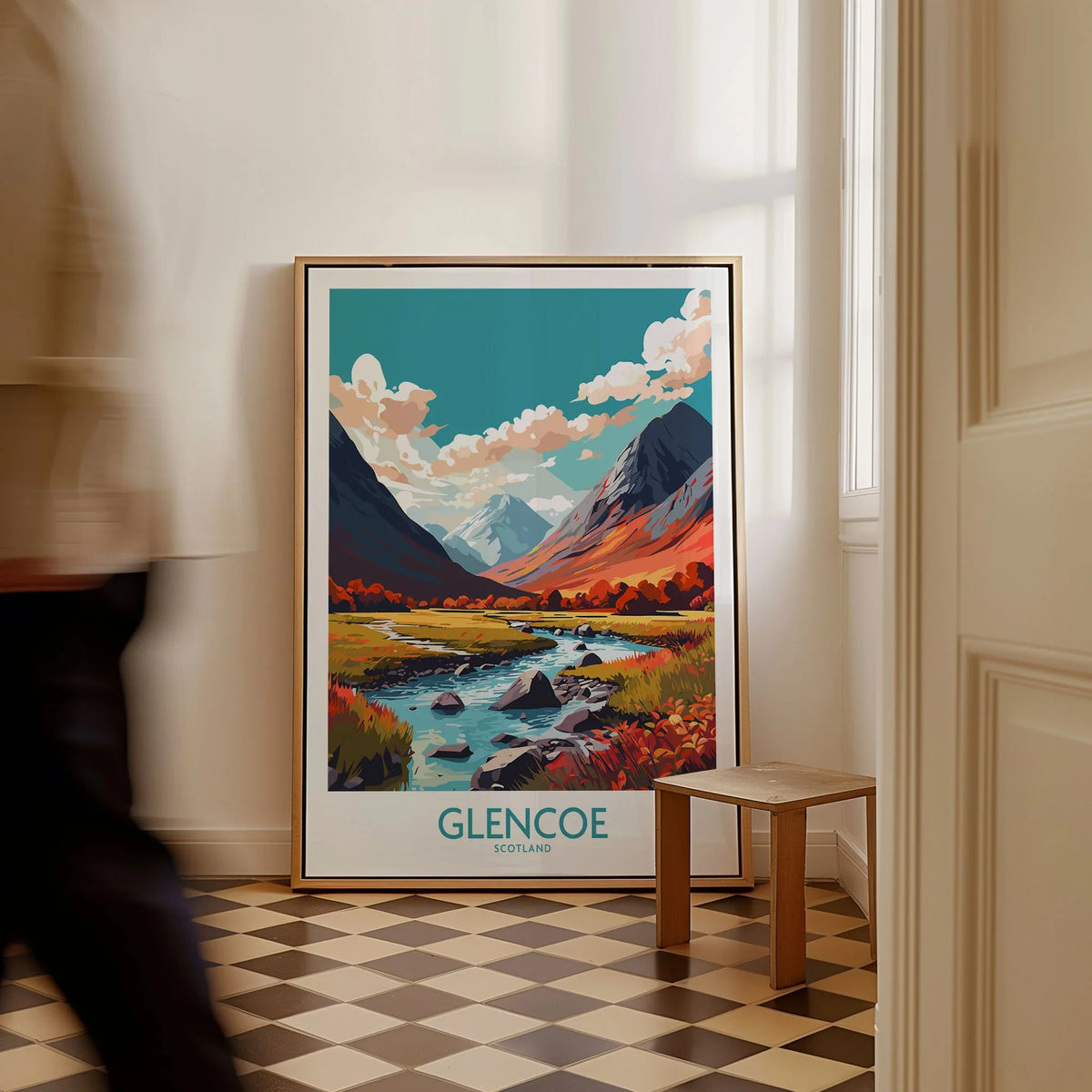 Glencoe Poster Print Modern as a framed canvas leaning in a hallway with a chequered tiled floor