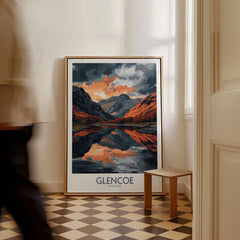 Glencoe Wall Art Poster as a framed canvas leaning in a hallway with a chequered tiled floor