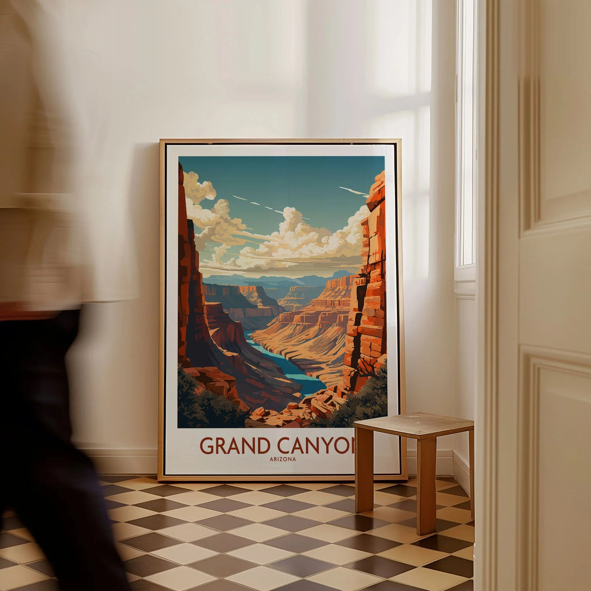 Grand Canyon Wall Art | Modern Style as a framed canvas leaning in a hallway with a chequered tiled floor