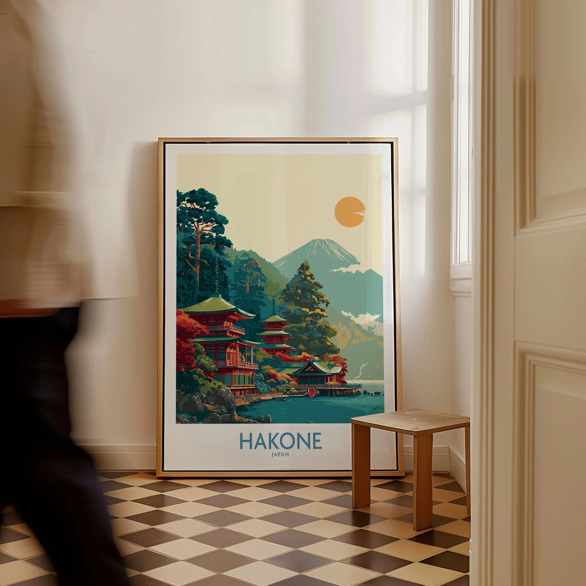 Hakone Japan Lake Ashi Temple Print - Japanese Pagoda Wall Art - Modern as a framed canvas leaning in a hallway with a chequered tiled floor