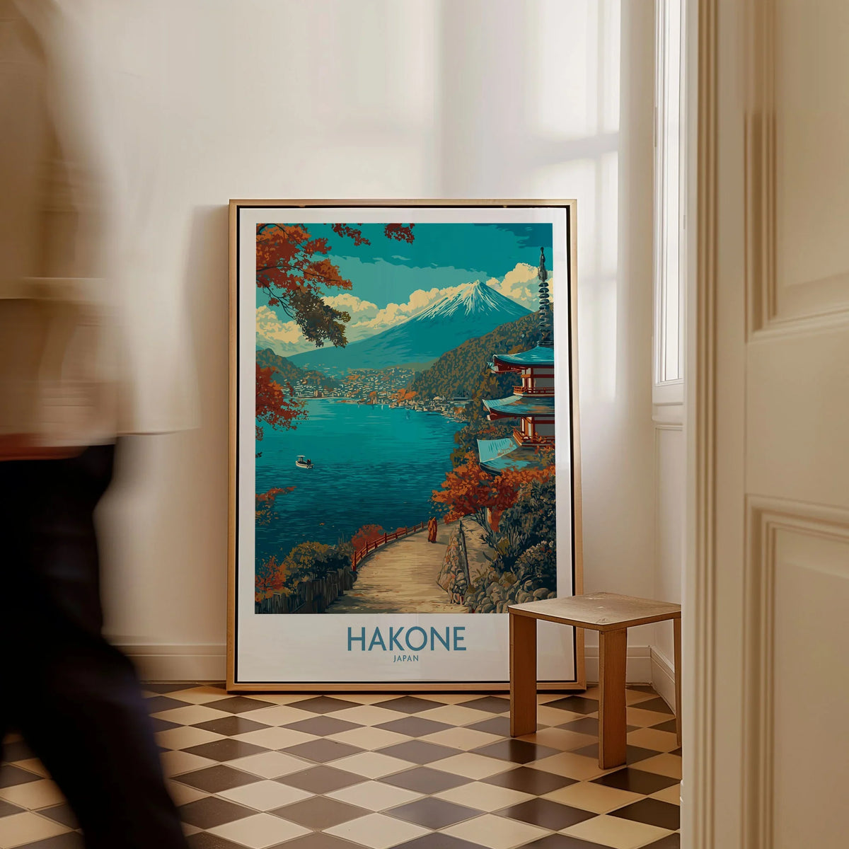Hakone Japan Lakeside Temple Wall Art - Japanese Nature Travel Decor as a framed canvas leaning in a hallway with a chequered tiled floor