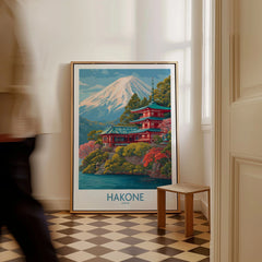 Hakone Japan Wall Art - Japan Travel Print as a framed canvas leaning in a hallway with a chequered tiled floor