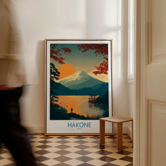 Hakone Japan Wall Art Lake Ashi Print - Japanese Spiritual Poster as a framed canvas leaning in a hallway with a chequered tiled floor