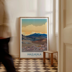 Haleakalā National Park Print, Hawaiian Volcano Poster, Sunset Wall Decor as a framed canvas leaning in a hallway with a chequered tiled floor
