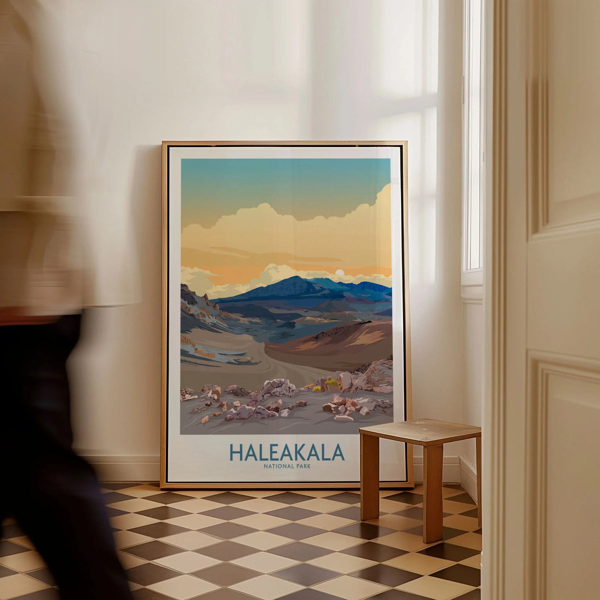 Haleakalā National Park Print, Hawaiian Volcano Poster, Sunset Wall Decor as a framed canvas leaning in a hallway with a chequered tiled floor