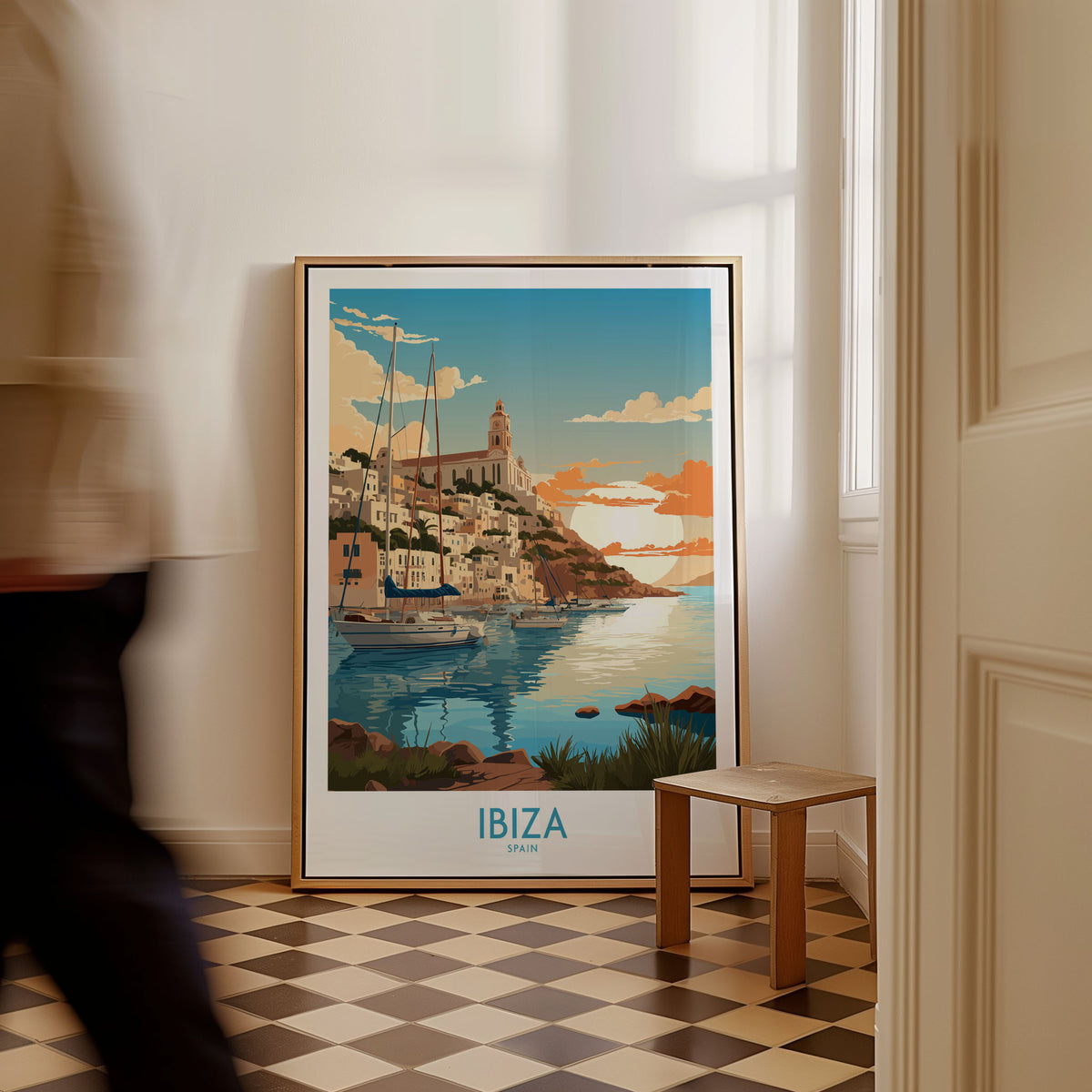 Ibiza Poster Print Modern as a framed canvas leaning in a hallway with a chequered tiled floor