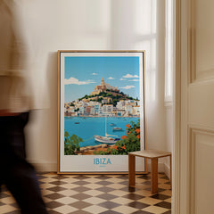 Ibiza Poster as a framed canvas leaning in a hallway with a chequered tiled floor