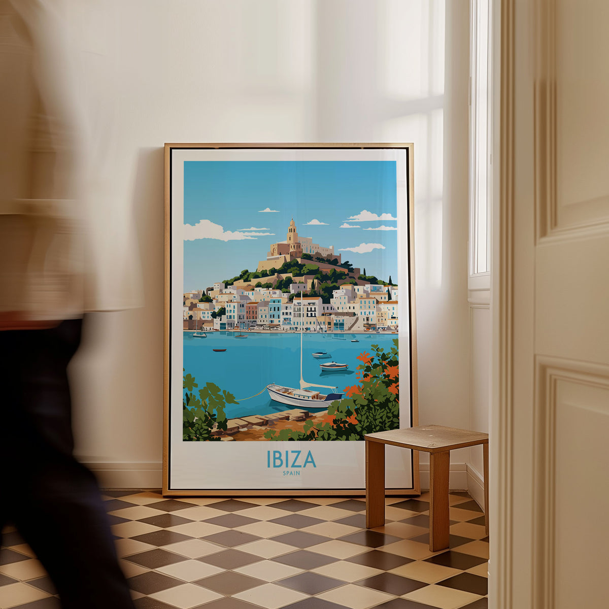 Ibiza Poster as a framed canvas leaning in a hallway with a chequered tiled floor