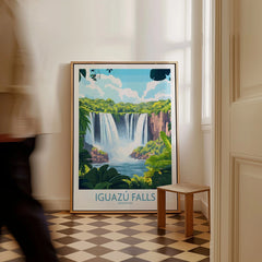 Iguazu Falls Travel Poster as a framed canvas leaning in a hallway with a chequered tiled floor