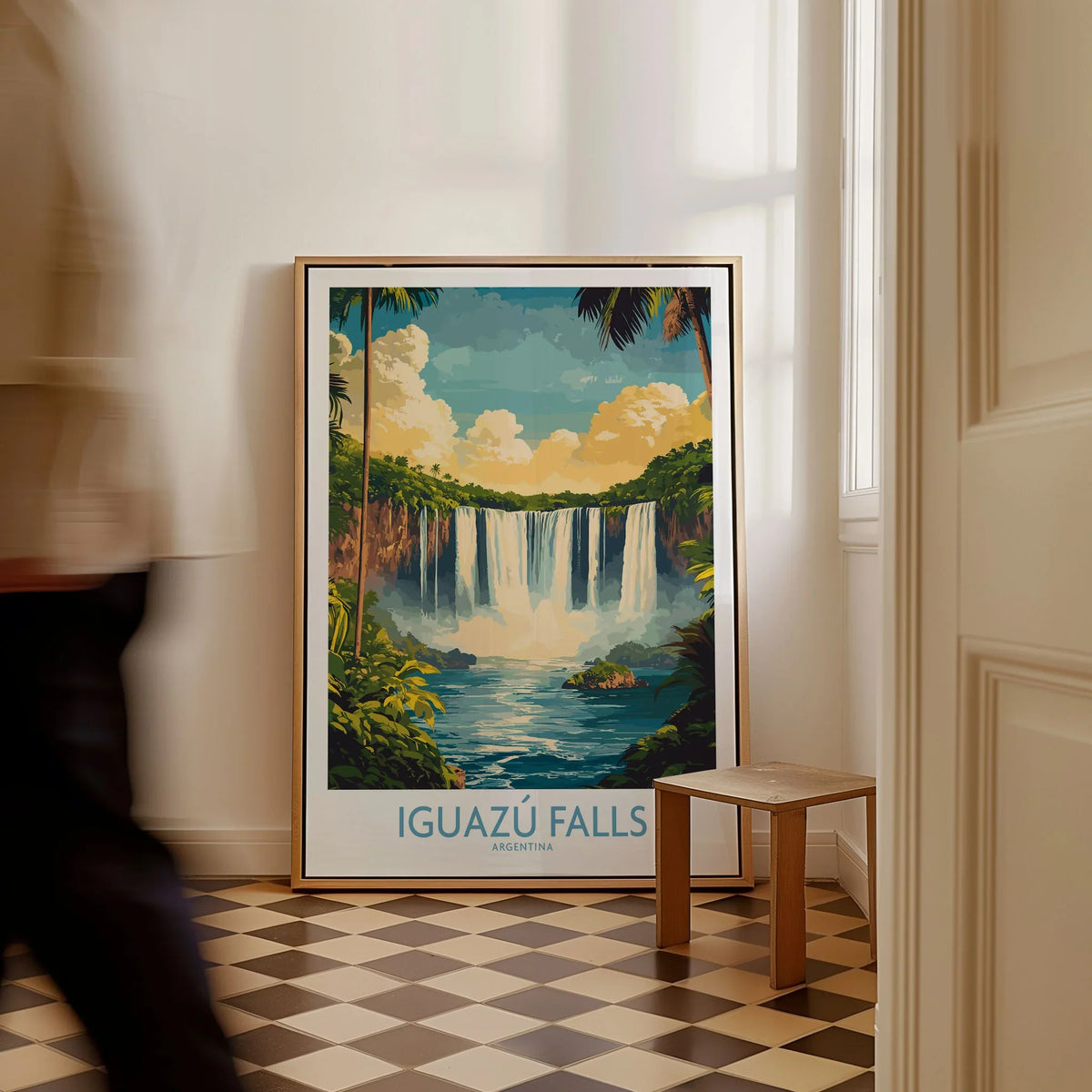 Iguazu Falls Wall Art Print as a framed canvas leaning in a hallway with a chequered tiled floor