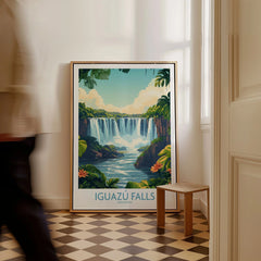 Iguazu Falls Poster Argentina as a framed canvas leaning in a hallway with a chequered tiled floor