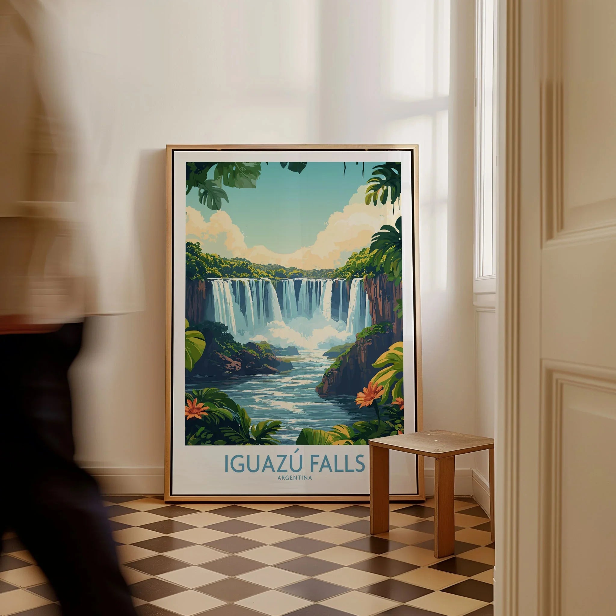 Iguazu Falls Poster Argentina as a framed canvas leaning in a hallway with a chequered tiled floor