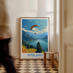 Interlaken Wall Art Print as a framed canvas leaning in a hallway with a chequered tiled floor