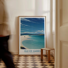 Isle of Harris Poster Scotland - Outer Hebrides Travel Print as a framed canvas leaning in a hallway with a chequered tiled floor