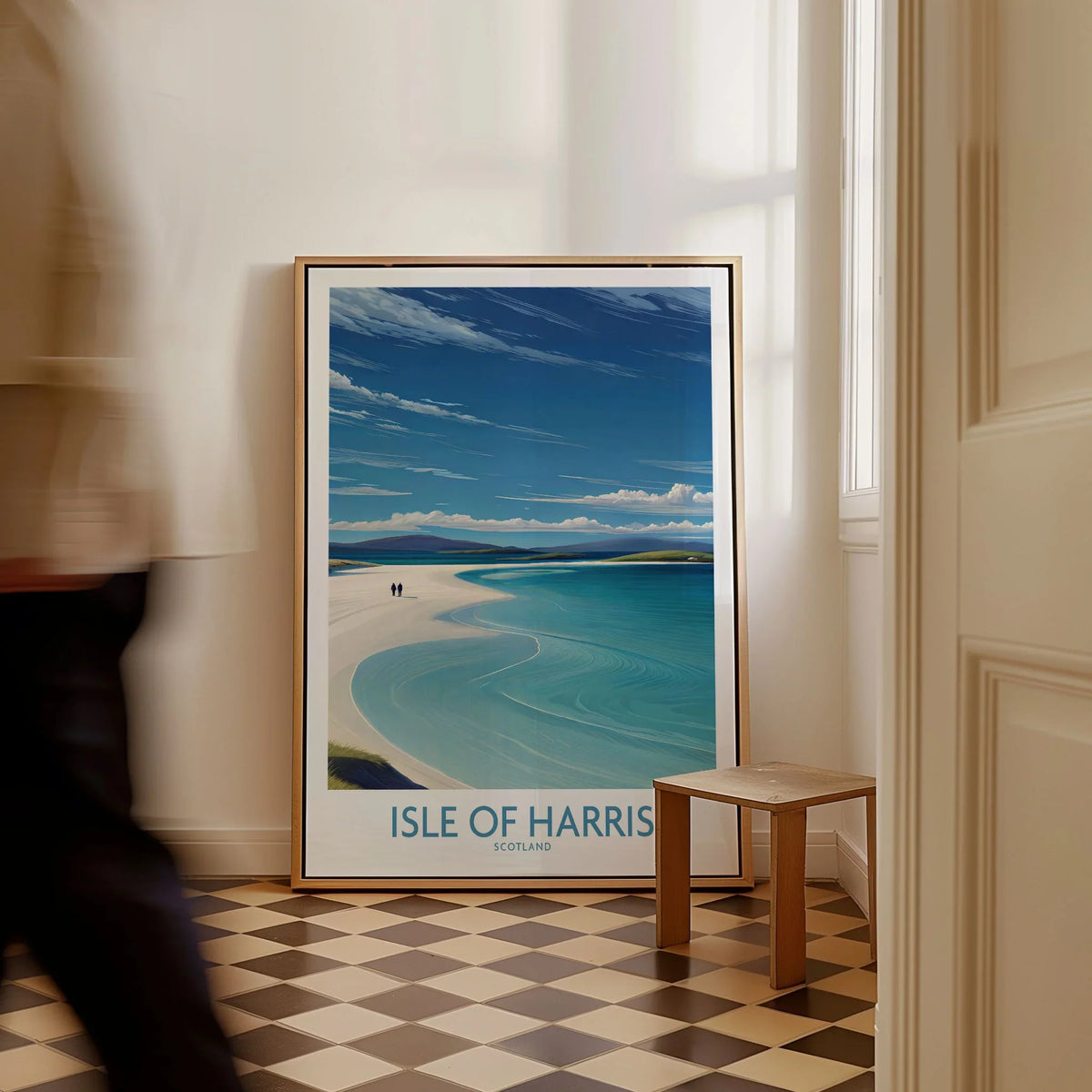 Isle of Harris Poster Scotland - Outer Hebrides Travel Print as a framed canvas leaning in a hallway with a chequered tiled floor