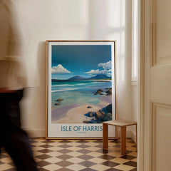 Isle of Harris Poster Scotland Clear Waters - Hebridean Seascape Decor as a framed canvas leaning in a hallway with a chequered tiled floor