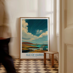 Isle of Harris Poster Scotland Dramatic Sky Seascape - Scottish Island Travel Decor as a framed canvas leaning in a hallway with a chequered tiled floor