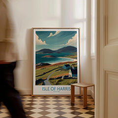 Isle of Harris Scotland Hebridean Landscape Poster - Remote Scottish Island Artwork as a framed canvas leaning in a hallway with a chequered tiled floor