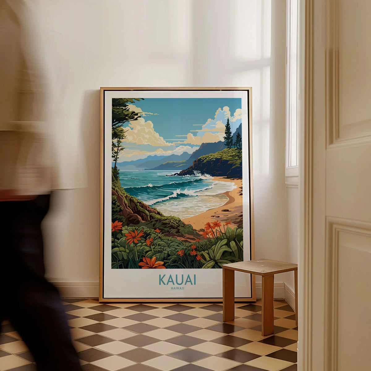 Kauai Travel Poster as a framed canvas leaning in a hallway with a chequered tiled floor