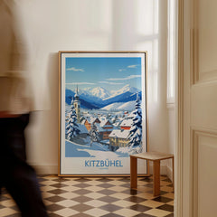 Kitzbuhel Austria Art Print as a framed canvas leaning in a hallway with a chequered tiled floor