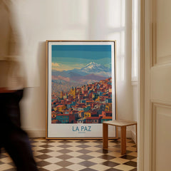La Paz Bolivia Urban Landscape Wall Art - South American City Print as a framed canvas leaning in a hallway with a chequered tiled floor