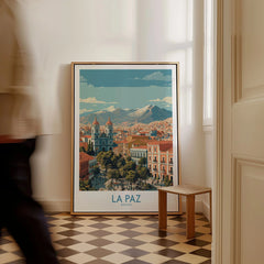 La Paz Bolivia Wall Art Poster - Bolivian Capital Travel Decor as a framed canvas leaning in a hallway with a chequered tiled floor