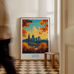 Leeds Travel Poster - United Kingdom as a framed canvas leaning in a hallway with a chequered tiled floor