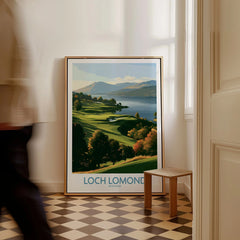 Loch Lomond Scotland Highland View Wall Art — autumn slopes rolling down to Loch Lomond with Highland hills beyond, shown as framed canvas on floor man walking past