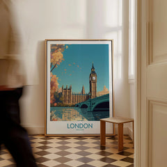 London Big Ben Wall Art | Modern Style as a framed canvas leaning in a hallway with a chequered tiled floor