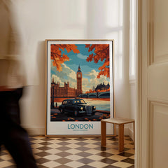 London Wall Art Print - Modern as a framed canvas leaning in a hallway with a chequered tiled floor