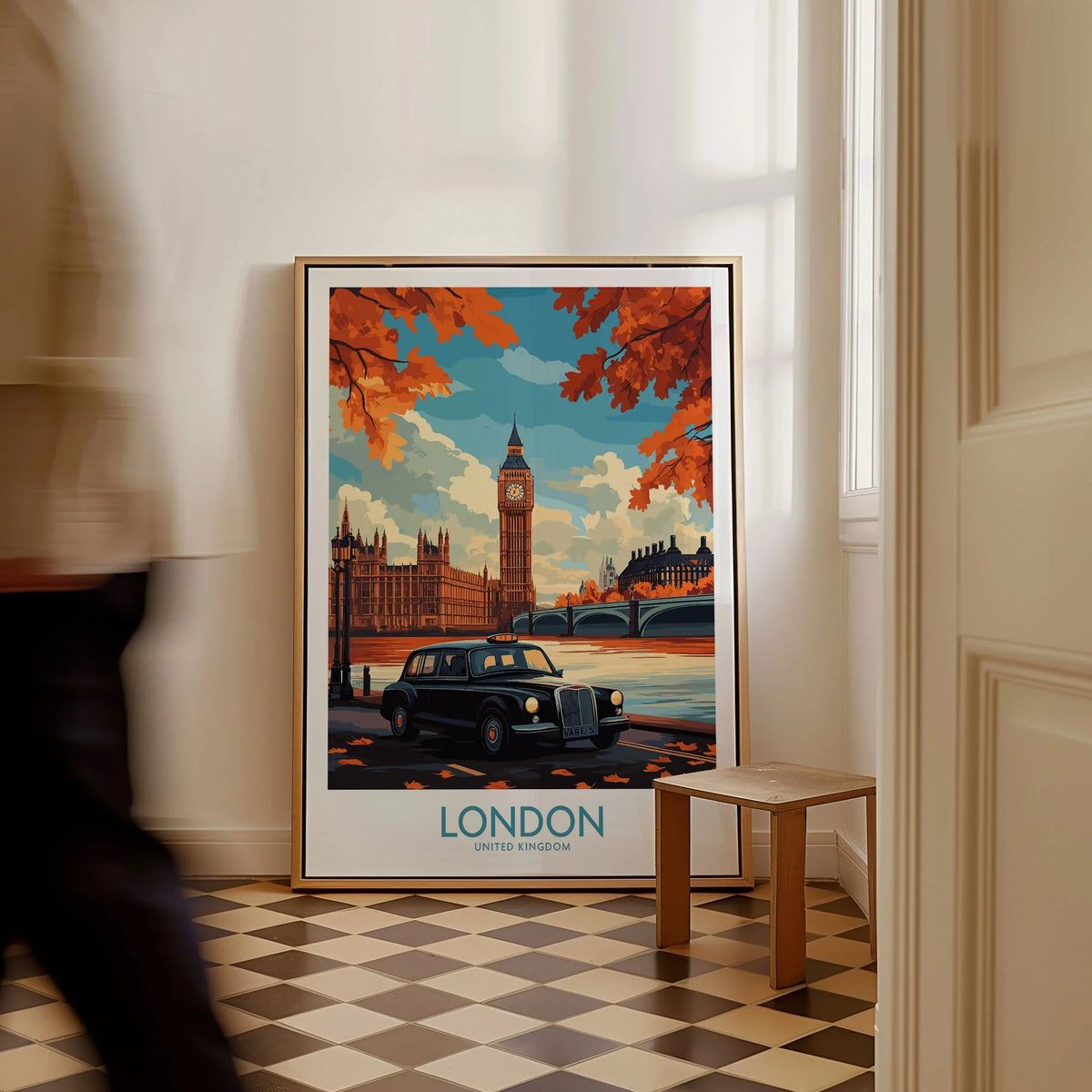 London Wall Art Print - Modern as a framed canvas leaning in a hallway with a chequered tiled floor